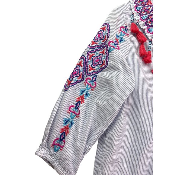 Chico's Womens Boho Embroidered Tassel Tunic Top Size M Petite Pinstripe Cotton - Picture 3 of 11